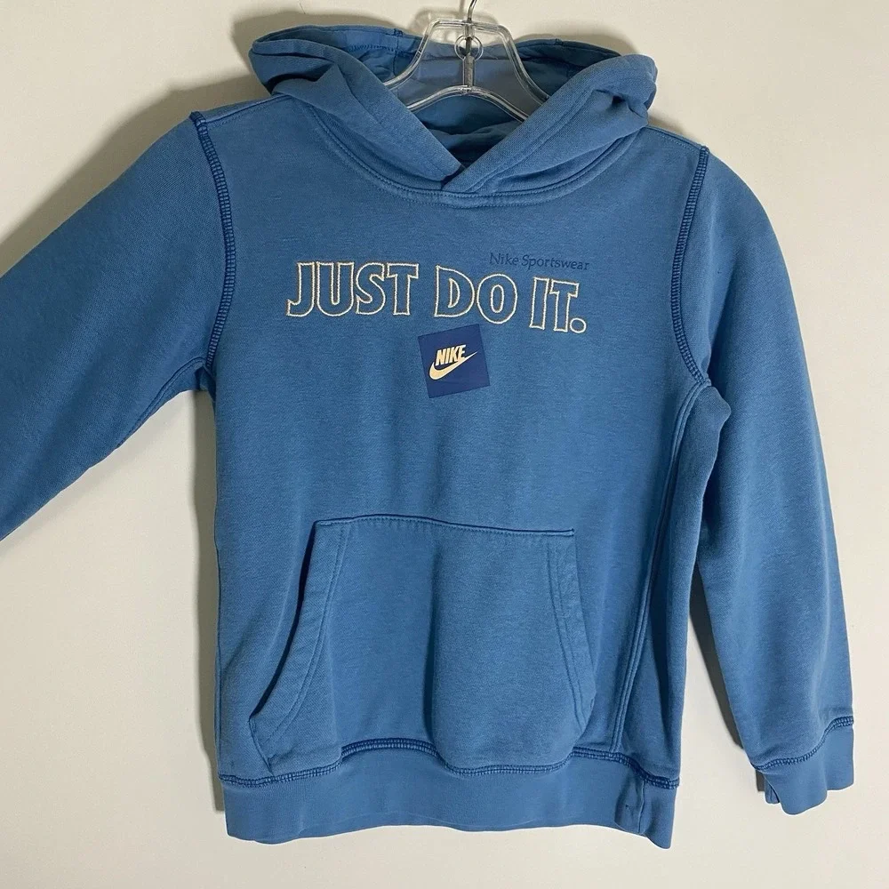 Nike Hoodie Boys Small Blue Swoosh Pullover Embroidered Just Do It Athletic Nice